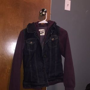 Hooded sweatshirt with a built in jean jacket